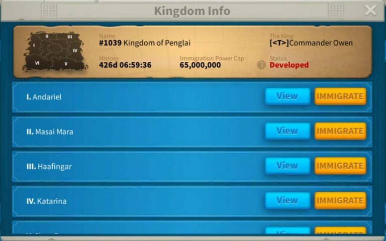 Rise of Kingdoms Kingdom Info For Migration